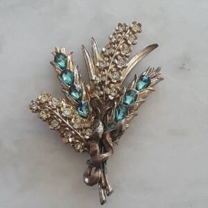 Elegant Gold and Teal Floral Brooch, Vintage